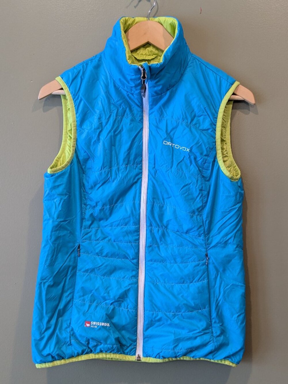 Ortovox Swisswool Piz Grisch Vest Womens Small Blue Green Reversible Puffer Ski